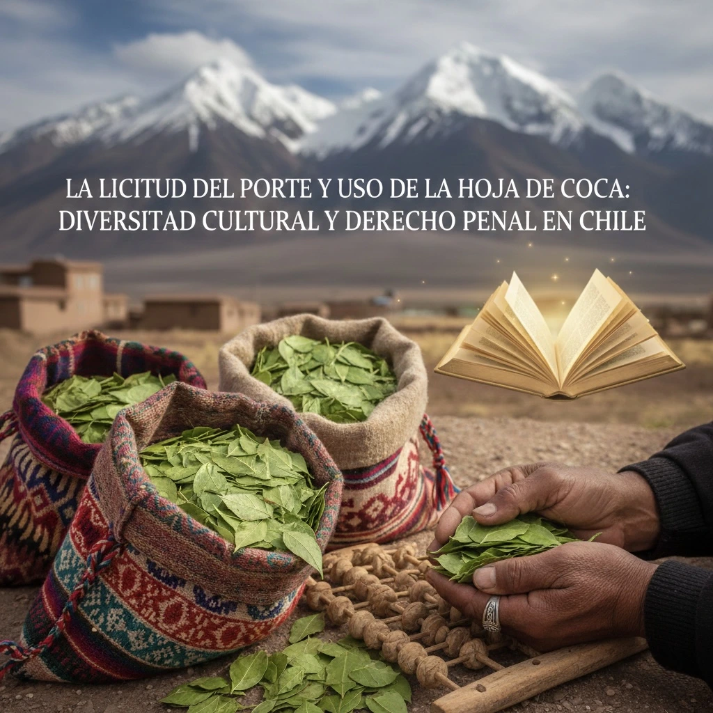 Manos sosteniendo hojas de coca junto a sacos de tejido andino frente a montañas nevadas del altiplano, simbolizando la diversidad cultural y el derecho penal en Chile.